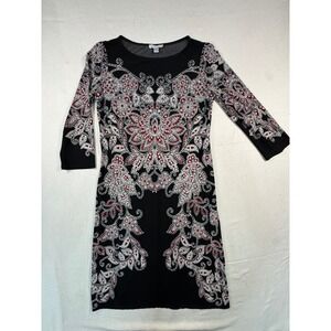 London Times Sheath Dress Womens 6 Black Red Paisley 3/4 Sleeve Stretch